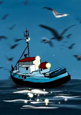 Fishing Boat at Sea with Birds