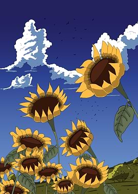 Sunflowers under a blue sky