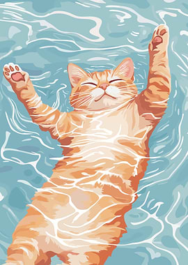 Cat Floating in Water Illustration