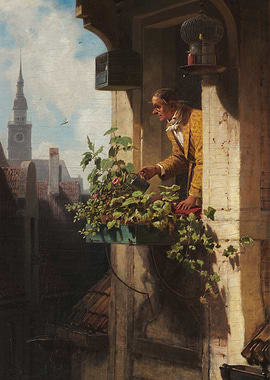 Man Watering Plants on Balcony Painting