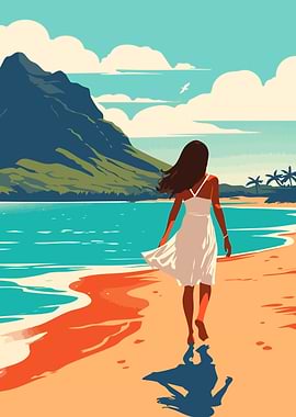 Woman in Hawaii Tropical Beach Minimalist Art Illustration
