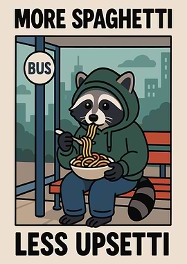Raccoon Eating Spaghetti at Bus Stop