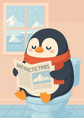 Penguin reading newspaper on toilet