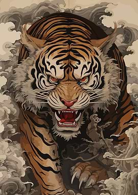 Roaring Tiger in Smoky Background