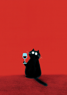 Black Cat with Wine Glass Minimalist retro
