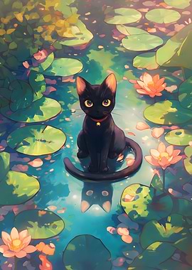 Black cat in a lily pond cute cat