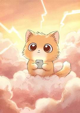 Cute Cat with Phone in Clouds