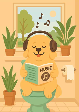 Dog Listening to Music on Toilet