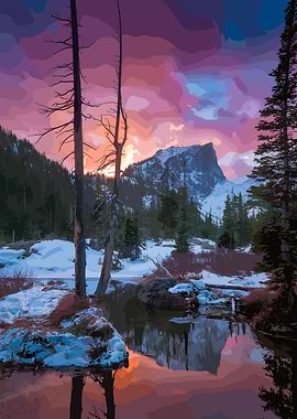 Mountain Lake Sunset Landscape Painting