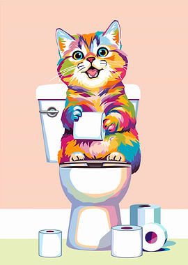 Colorful Cat on Toilet with Paper