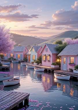 Serene Pastel Harbor Village at Dawn