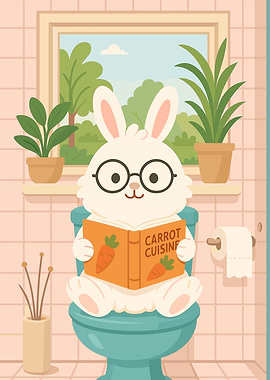 Rabbit Reading on Toilet