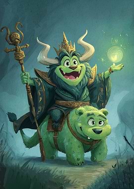 Green Monster King Riding a Bear