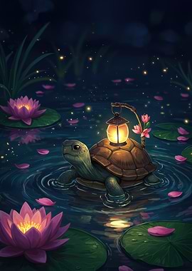 Turtle with Lantern in Lily Pond