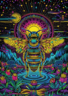 Psychedelic Bee Floral Landscape