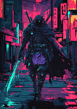 Cyberpunk Ninja in Neon Cityscape