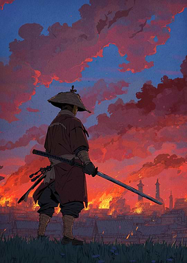 Samurai watching burning city digital art