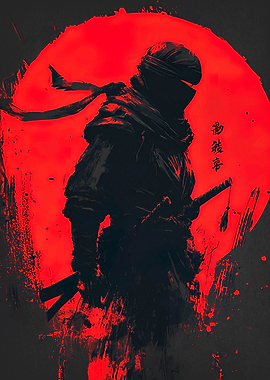 Silhouette of a Ninja with Red Sun