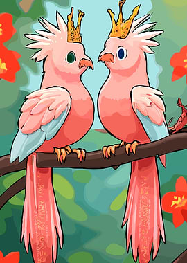 Two Crowned Pink Birds on Branch