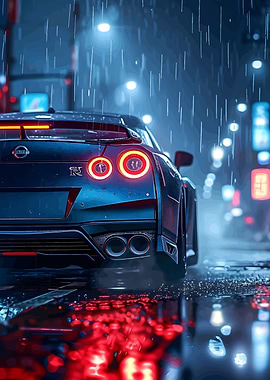Nissan GT-R in Rainy Cityscape