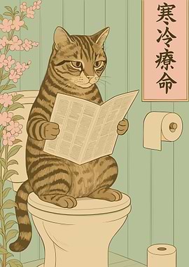 Cat Reading Newspaper on Toilet