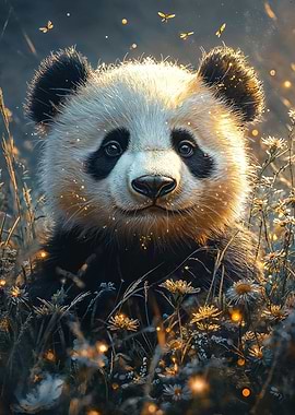 Panda in a field of flowers