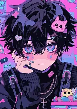 Anime Boy with Pink and Blue Accents
