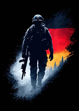 German Soldier Silhouette with Flag Backdrop