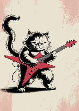 Rockstar Cat with Red Guitar