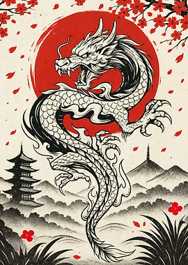 Japanese Dragon with Red Sun