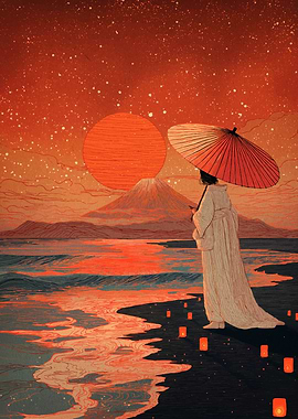 Japanese Woman with Parasol at Sunset