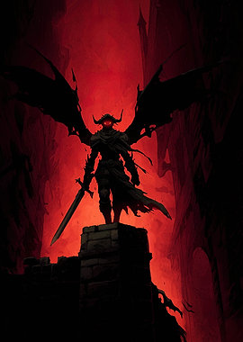 Winged Demon Warrior in Red Landscape