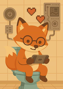 Fox on Toilet Playing Tablet