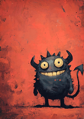 Cartoonish Devil Character on Red Background