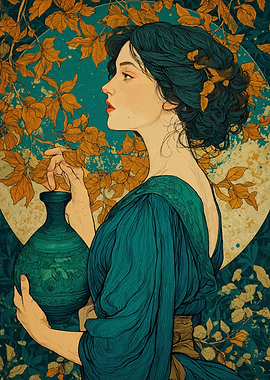 Woman with Vase and Floral Background