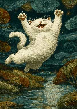 Joyful Cat Leaping Over River
