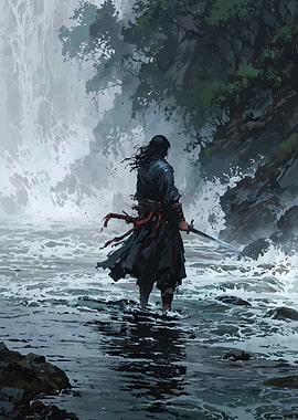 Samurai in Waterfall Landscape