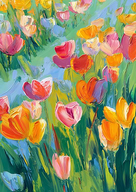 Vibrant Tulip Field Oil Painting