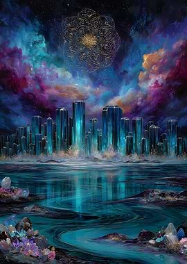 Crystal Cityscape with Celestial Mandala
