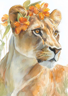 Lioness with Flowers Watercolor Painting