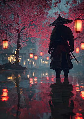 Samurai in Cherry Blossom Reflections