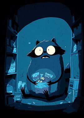 Raccoon in Pantry with Snacks