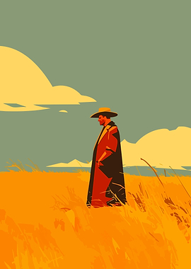 Lone Figure in Golden Field Minimalist Art Illustration