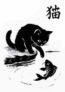 Black Cat and Fish Ink Drawing