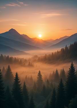 Mountain Sunrise with Foggy Forest