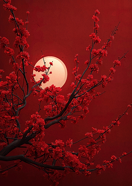 Red Blossoms Against a Pale Moon