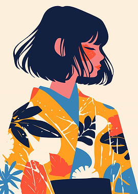 Tropical Kimono Girl Japanese Art Illustration Minimalist