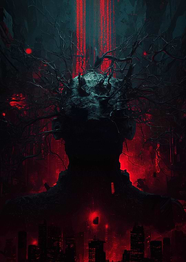 Dark Figure with Branches and Cityscape