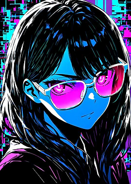 Neon Glitch Girl with Sunglasses