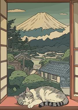 Cat Sleeping with Mount Fuji View